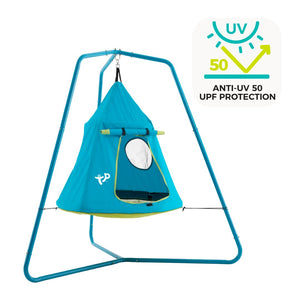 The TP Toys TP UFO Den & Metal Frame is a blue play tent with a round window, featuring a sturdy metal frame and fabric offering UPF 50+ anti-UV protection.