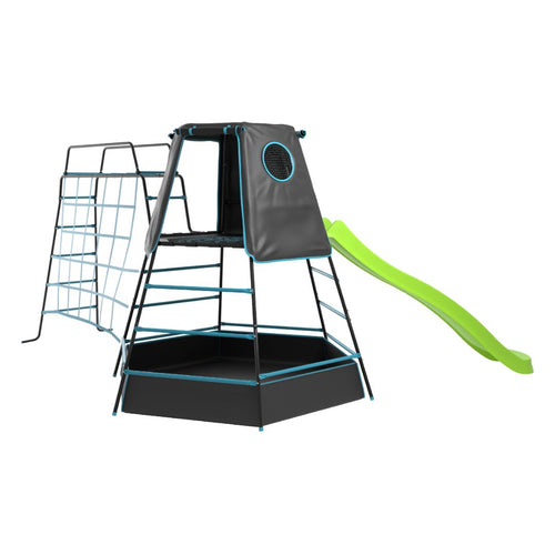 The TP Explorer Metal Climbing Frame Set with Monkey Bridge & Ripple Slide Black Edition by TP Toys features a sturdy frame, covered lookout platform, small sandbox, and a bright green Ripple Slide.