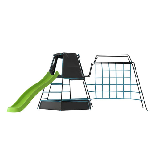 The TP Toys TP Explorer Metal Climbing Frame Set Black Edition features a blue geometric metal frame, black climbing platform, monkey bridge, and green Ripple Slide—perfect for outdoor play.