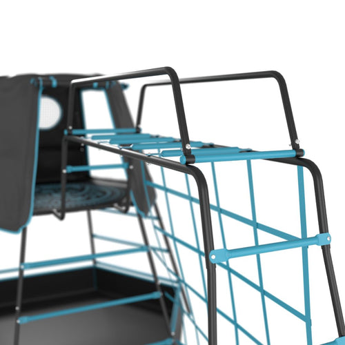 Close-up of the TP Toys TP Explorer Metal Climbing Frame Set with Monkey Bridge & Ripple Slide Black Edition, showing the blue and black metal frame, ladder, mesh tunnel, and Monkey Bridge.
