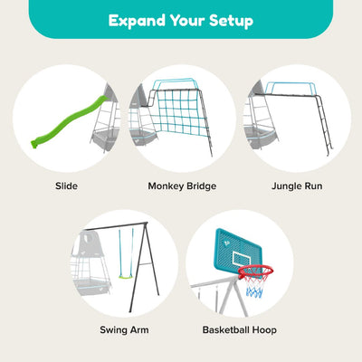 Diagram showing five fun features—Slide, Monkey Bridge, Jungle Run, Swing Arm, and Basketball Hoop—of the TP Toys Build Your Own TP Explorer Metal Climbing Frame Black Edition. Includes illustrated climbing frame and cargo net for extra fun.