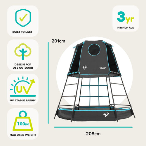The Build Your Own TP Explorer Metal Climbing Frame Black Edition from TP Toys features a black and blue tent, ladder, platform, cargo net (201x208cm), UV stable fabric, 100kg max weight, and is suitable for ages 3+. Ideal for adventurous outdoor play.