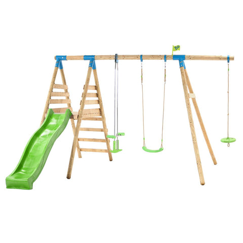Knightswood Triple Wooden Swing &amp Slide Set Glide Ride &amp Button Seat