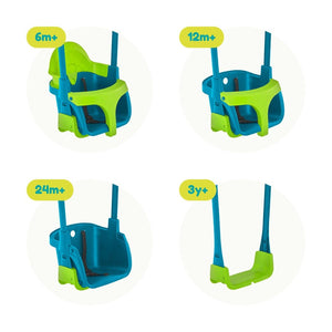 Four images show the TP Toys Small to Tall 2 in 1 Metal Swing Set with Quadpod adjusting for ages 6 months+, 12 months+, 24 months+, and 3 years+, making it the perfect grow-with-me swing set.