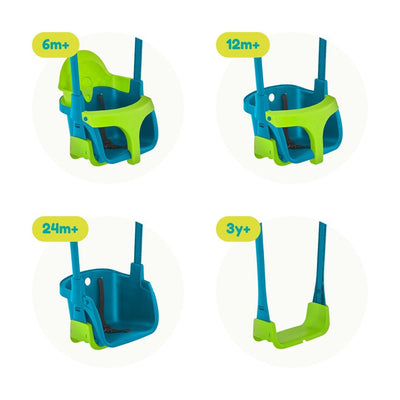 Four images show the TP Toys Small to Tall 2 in 1 Metal Swing Set with Quadpod adjusting for ages 6 months+, 12 months+, 24 months+, and 3 years+, making it the perfect grow-with-me swing set.