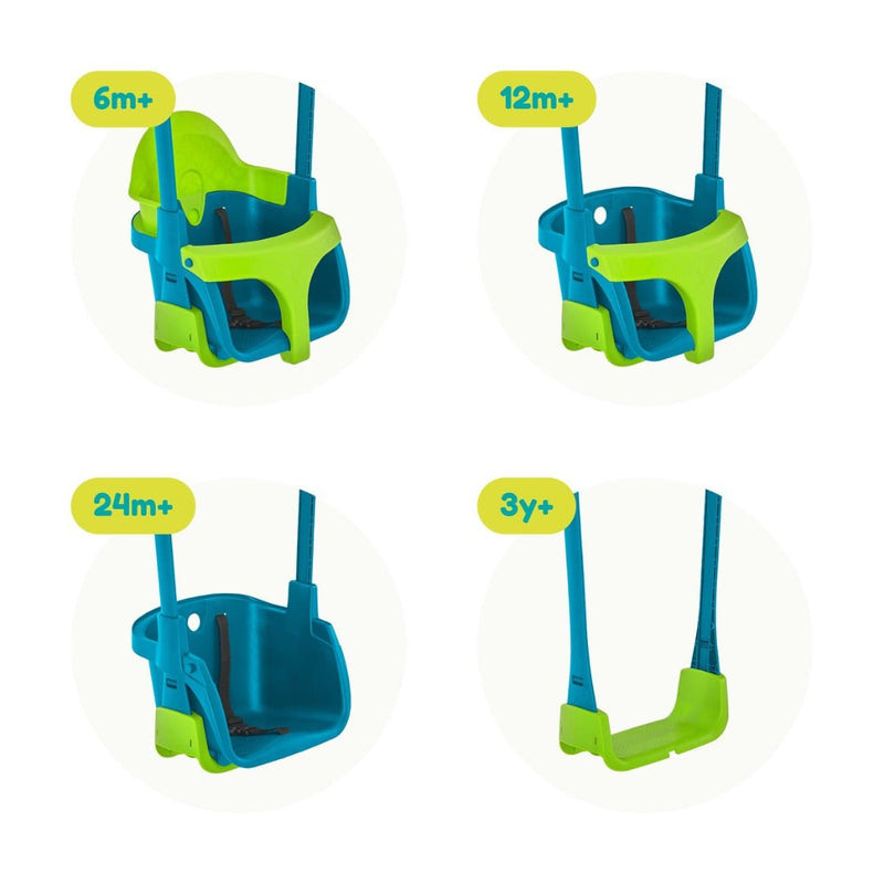 Four images show the TP Toys Small to Tall 2 in 1 Metal Swing Set with Quadpod adjusting for ages 6 months+, 12 months+, 24 months+, and 3 years+, making it the perfect grow-with-me swing set.