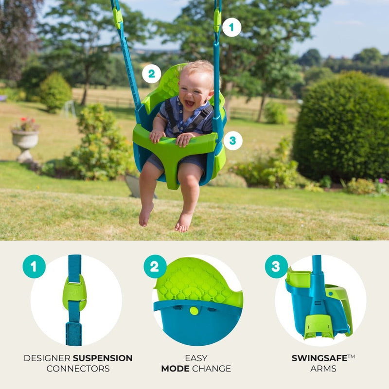 A baby enjoys the TP Toys Small to Tall 2 in 1 Metal Swing Set with Quadpod outdoors. Close-ups display key features: suspension connectors, adjustable height, easy mode change, and secure SwingSafe arms.