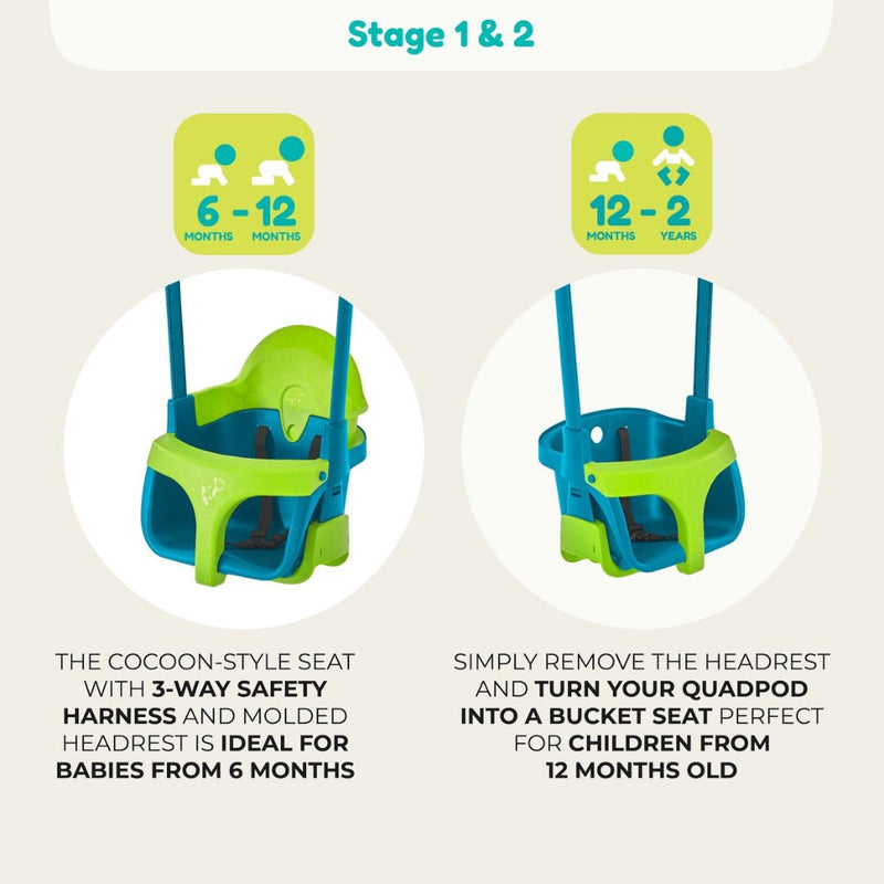 Two green and blue swing seats from the TP Toys Small to Tall 2 in 1 Metal Swing Set are shown: one is a Quadpod with headrest and harness for babies (6-12 months), the other for children (12-24 months) features an adjustable height design.