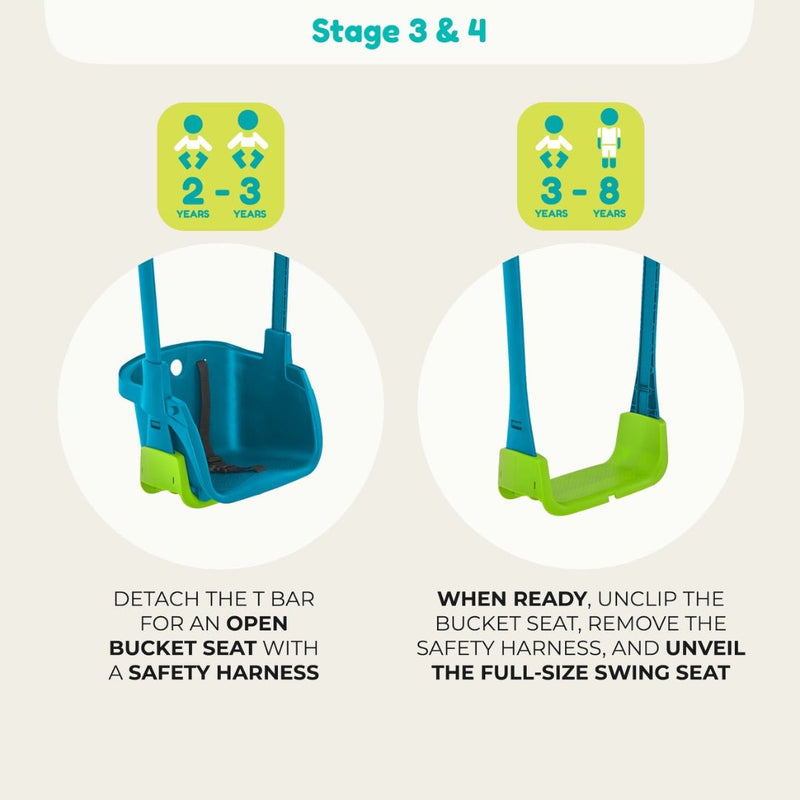 Instructions showing two swing seats: a blue bucket seat with harness for ages 2–3, and a green Quadpod “grow with me” seat for ages 3–8 on the TP Small to Tall 2 in 1 Metal Swing Set by TP Toys, after removing the harness and bucket seat.