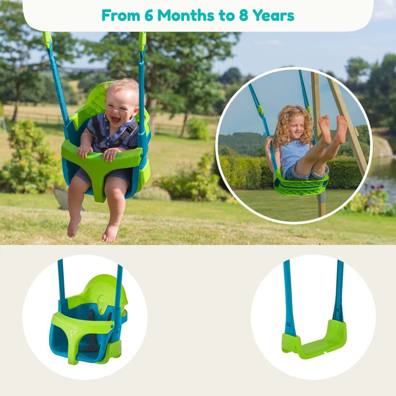 A baby and a child use the TP Toys Small to Tall 2 in 1 Metal Swing Set with Quadpod (green/blue) outdoors; close-ups show its adjustable seat. Text: Suitable from 6 months to 8 years.