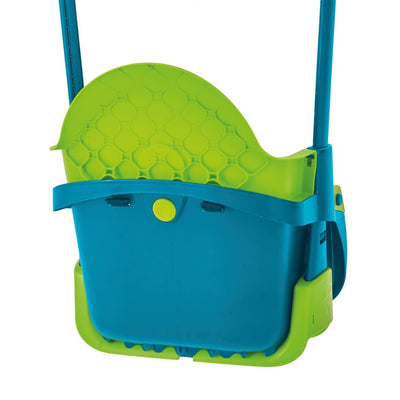 The TP Toys TP Small to Tall 2 in 1 Metal Swing Set with Quadpod features a secure blue and green seat with high backrest and sides, adjustable ropes, and is designed to grow with your child.