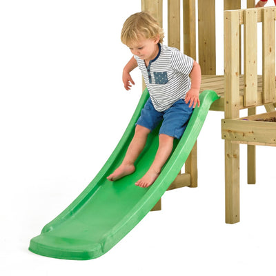 A young child enjoys hours of fun sliding down the TP Toys TP Forest Toddler Wooden Bluey Quadpod Swing Set & Slide, a climbing frame made from FSC® certified wood.