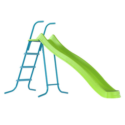 The TP Toys TP 8ft (2.2m) Ripple Wavy Slide & Stepset features a green plastic slide and blue metal stepset, perfect for children’s outdoor play.