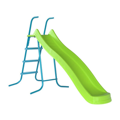 The TP Toys TP 8ft (2.2m) Ripple Wavy Slide & Stepset, a green childrens slide with blue metal steps, is displayed on a white background.