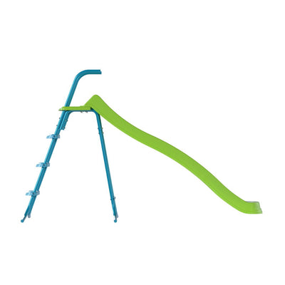 The TP Toys 8ft (2.2m) Ripple Wavy Slide & Stepset features a green plastic slide with a blue metal ladder and frame, shown on a white background—perfect for fun outdoor play.