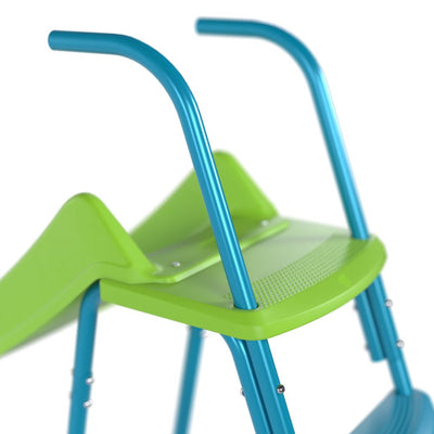 A close-up of the TP Toys TP 8ft (2.2m) Ripple Wavy Slide & Stepset shows its blue metal handles and top platform with a green plastic surface.