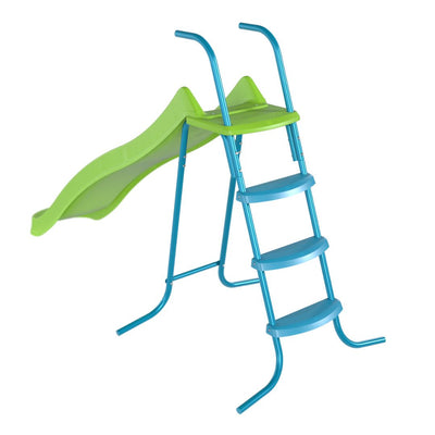 The TP Toys TP 8ft (2.2m) Ripple Wavy Slide & Stepset features a green slide with blue metal steps and frame, designed for safe and enjoyable outdoor play for children.