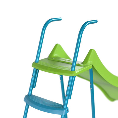 The TP Toys 8ft (2.2m) Ripple Wavy Slide & Stepset features a green wavy slide and blue steps with handrails, shown in close-up against a white background.