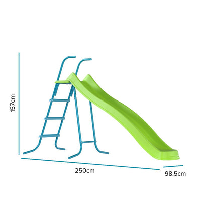 The TP Toys TP 8ft (2.2m) Ripple Wavy Slide & Stepset is a green and blue children’s slide, measuring 157cm high, 250cm long, and 98.5cm wide—perfect for fun playtime!.