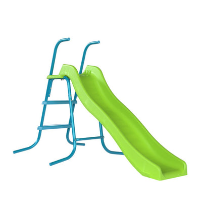 The TP Toys TP 6ft (1.8m) Wavy Slide & Stepset features a green plastic slide with blue metal ladder and handrails, perfect for childrens garden play, shown on a white background.