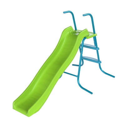 The TP Toys TP 6ft (1.8m) Wavy Slide & Stepset features a green plastic slide with blue metal steps and handles, perfect for any garden playground, shown isolated on a white background.