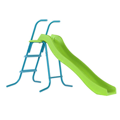 The TP Toys TP 6ft (1.8m) Wavy Slide & Stepset features a green plastic slide with blue metal steps and frame, ideal for garden play and designed for children, shown against a white background.