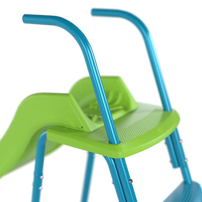 Close-up of the TP Toys TP 6ft (1.8m) Wavy Slide & Stepset, showing blue metal bars and a green plastic slide—ideal for any garden playground.