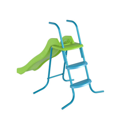 The TP Toys TP 6ft (1.8m) Wavy Slide & Stepset is a compact green and blue kids slide with ladder and two steps, ideal for any garden playground, shown isolated on a white background.