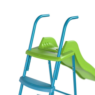 Close-up of the TP 6ft (1.8m) Wavy Slide & Stepset by TP Toys in green and blue, shown against a white background—ideal for any garden playground.