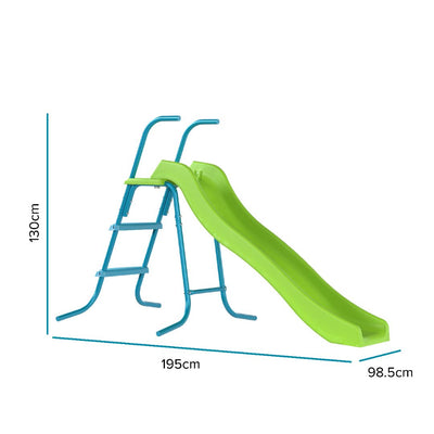 The TP Toys TP 6ft (1.8m) Wavy Slide & Stepset features a green slide with a blue ladder, shown from the side—ideal for any garden playground. Dimensions: 130 cm tall, 195 cm long, and 98.5 cm wide.