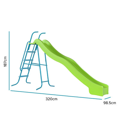 The TP Toys TP 10ft (3m) Super Wavy Slide & Stepset features a blue metal ladder and frame, ideal for gardens. Its slide measures 187 cm high, 320 cm long, and 98.5 cm wide—perfect for outdoor playground fun.