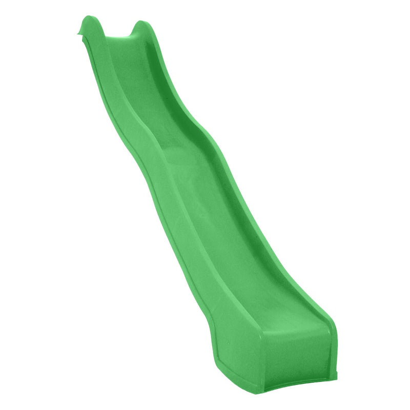 The TP Toys TP 3m/10ft Super Wavy Slide is a green plastic outdoor slide with raised sides, shown angled and isolated on a white background. This heavy-duty, UV-stabilised slide is built for lasting durability in any playground setting.