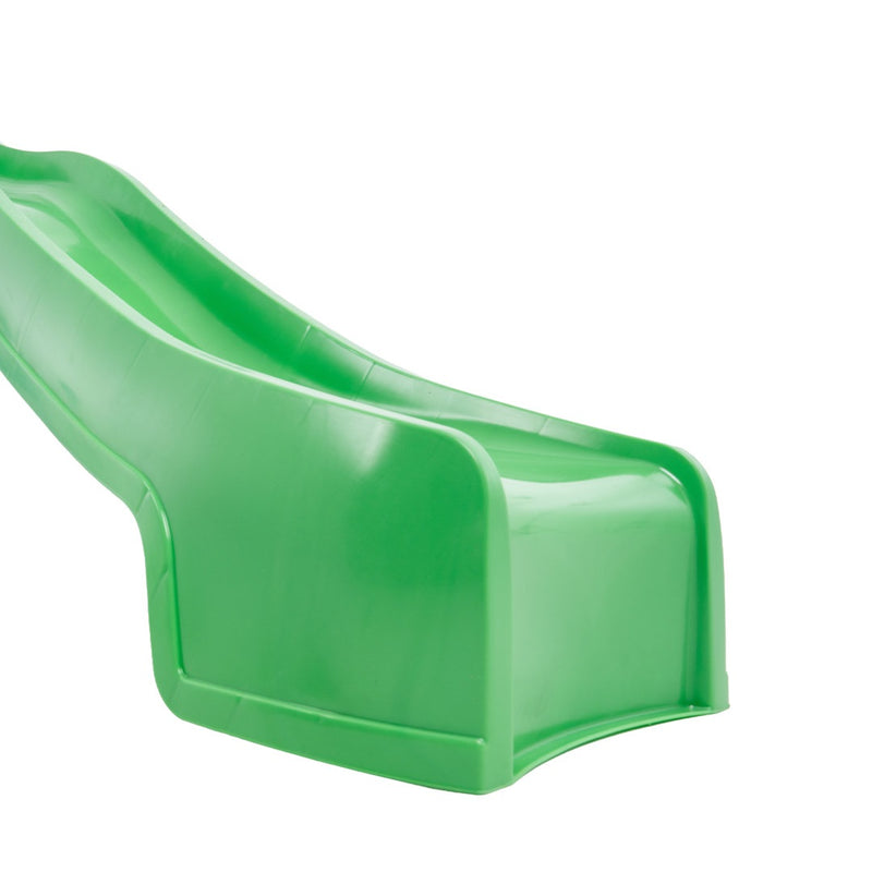 The TP Toys TP 3m/10ft Super Wavy Slide, made from green plastic, is shown photographed on a white background from a side angle with the bottom end visible. This heavy-duty slide is UV stabilised for lasting durability and designed as a 3-metre outdoor slide, making it perfect for extended backyard fun.