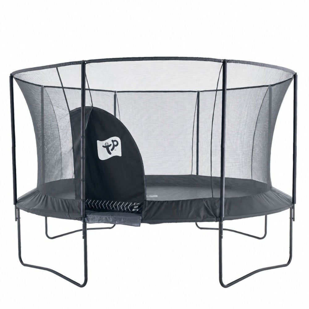The TP Toys Genius® 14ft Round Trampoline features a black SurroundSafe enclosure with a zippered IGLOO entry and sturdy black metal frame, shown on a white background.