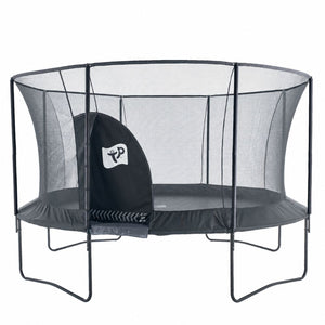 The TP Toys Genius® 14ft Round Trampoline features a black SurroundSafe enclosure with a zippered IGLOO entry and sturdy black metal frame, shown on a white background.