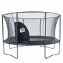 The TP Toys Genius® 14ft Round Trampoline features a black SurroundSafe enclosure with a zippered IGLOO entry and sturdy black metal frame, shown on a white background.