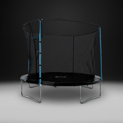 The TP Toys TP Up 8ft Trampoline features a black net enclosure, blue padding, zip-free entry, and sturdy metal legs, standing out against a dark background.