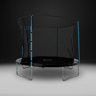The TP Toys TP Up 12ft Trampoline, featuring a safety net enclosure and blue padding, stands against a plain dark background.