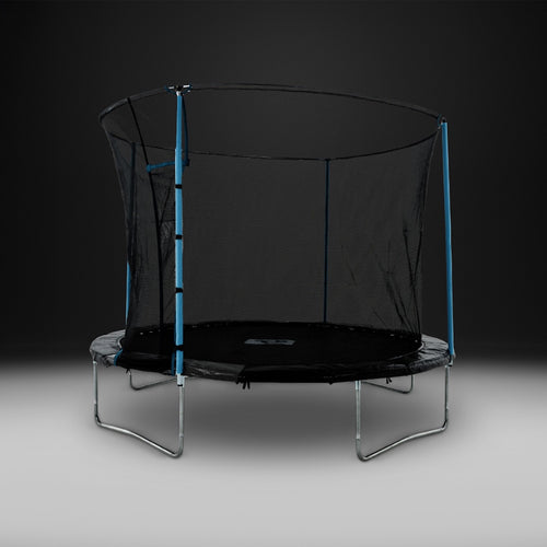 The TP Toys TP Up 12ft Trampoline, featuring a safety net enclosure and blue padding, stands against a plain dark background.