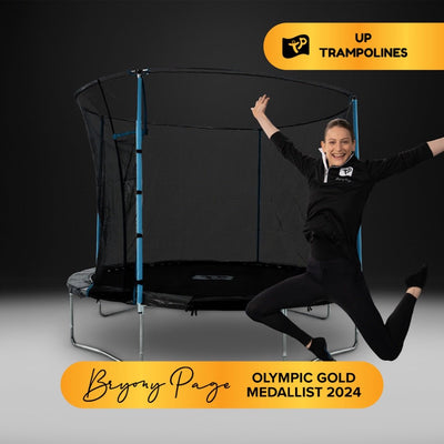 A woman jumps joyfully in front of the TP Up 10ft Trampoline by TP Toys, with Bryony Page Olympic Gold Medallist 2024 and TP Toys text on a black background, highlighting protective bounce pads for added safety.