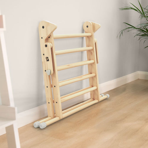 The TP Toys TP Active-Tots Pikler Style Wooden Climbing Triangle, made from FSC® certified wood, leans against a light wall on a wooden floor beside a green plant.