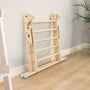The TP Toys TP Active-Tots Pikler Style Wooden Climbing Triangle, made from FSC® certified wood, leans against a light wall on a wooden floor beside a green plant.