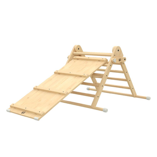 The TP Toys TP Active-Tots Pikler Style Wooden Climbing Triangle & Slide is an FSC® certified Montessori toy with a triangle and ramp, designed for kids' indoor play and motor skill development.