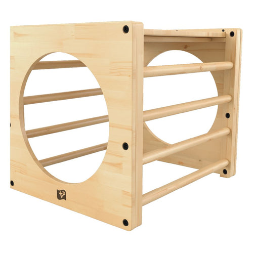 The TP Toys Active-Tots Pikler Style Wooden Climbing Cube – FSC® certified, features circular openings on two sides and four horizontal connecting bars, making it an ideal indoor play cube for active exploration.