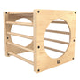 The TP Toys TP Active-Tots Pikler Style Wooden Climbing Cube - FSC® certified features four horizontal bars and circular openings on each side, offering safe and fun physical activity for children.