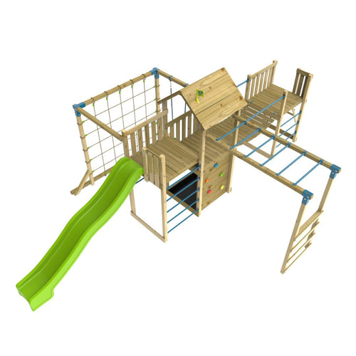 The TP Toys TP Skywood Wooden Tower Climbing Frame includes a super wavy slide, sky deck, monkey bars, swing seat, skyline bridge, and an extra play tower. FSC® certified for safety and durability.