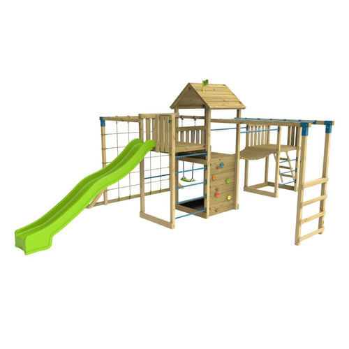 TP Toys TP Skywood Wooden Tower Climbing Frame features a super wavy slide, sky deck, monkey bars, swing seat, extra play tower, and climbing elements. FSC® certified. Shown against a white background.