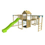 TP Toys TP Skywood Wooden Tower Climbing Frame features a super wavy slide, sky deck, monkey bars, swing seat, extra play tower, and climbing elements. FSC® certified. Shown against a white background.