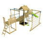 The TP Toys TP Skywood Wooden Tower Climbing Frame features a Super Wavy Slide, Sky Deck, Monkey Bars, Skyline with Swing Seat, extra play tower, and is FSC® certified—perfect for outdoor fun.