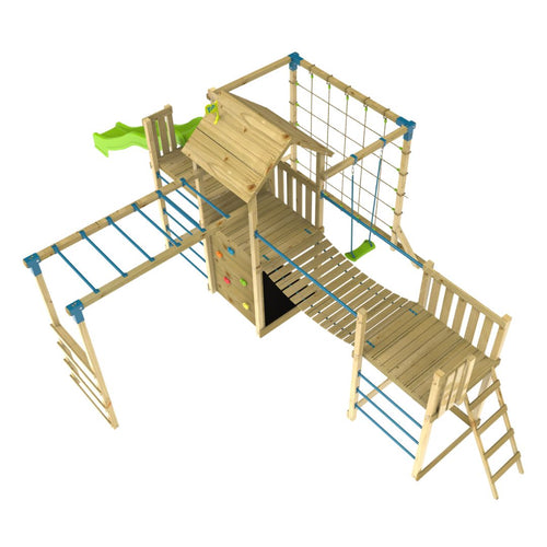 The TP Toys TP Skywood Wooden Tower Climbing Frame features a Super Wavy Slide, Sky Deck, Monkey Bars, Skyline with Swing Seat, an extra play tower—FSC® certified—ideal for kids’ physical activity and outdoor fun.